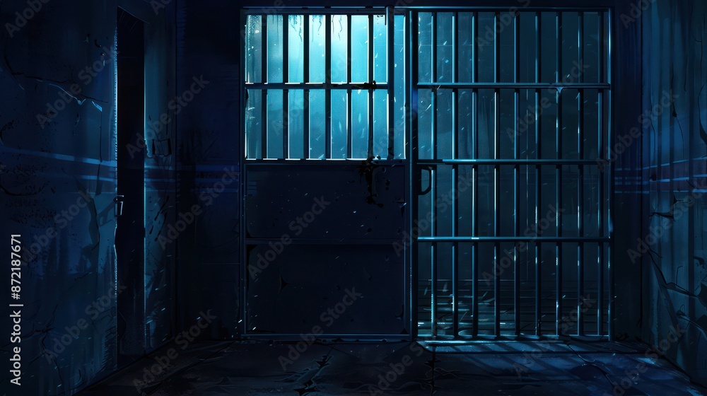 Dimly lit, eerie prison cell with blue light filtering through bars Dimly lit, eerie prison cell with blue light filtering through bars