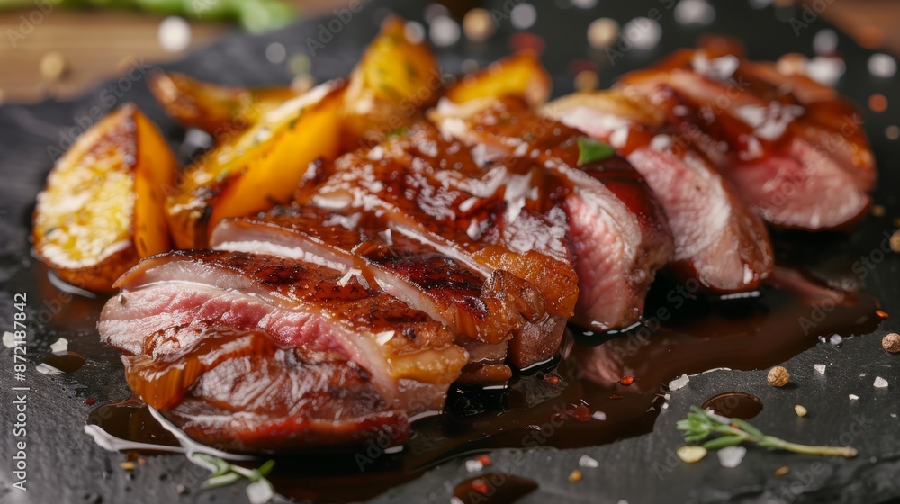 French cuisine. Dried duck breast with sauce. French cuisine. Dried duck breast with sauce.