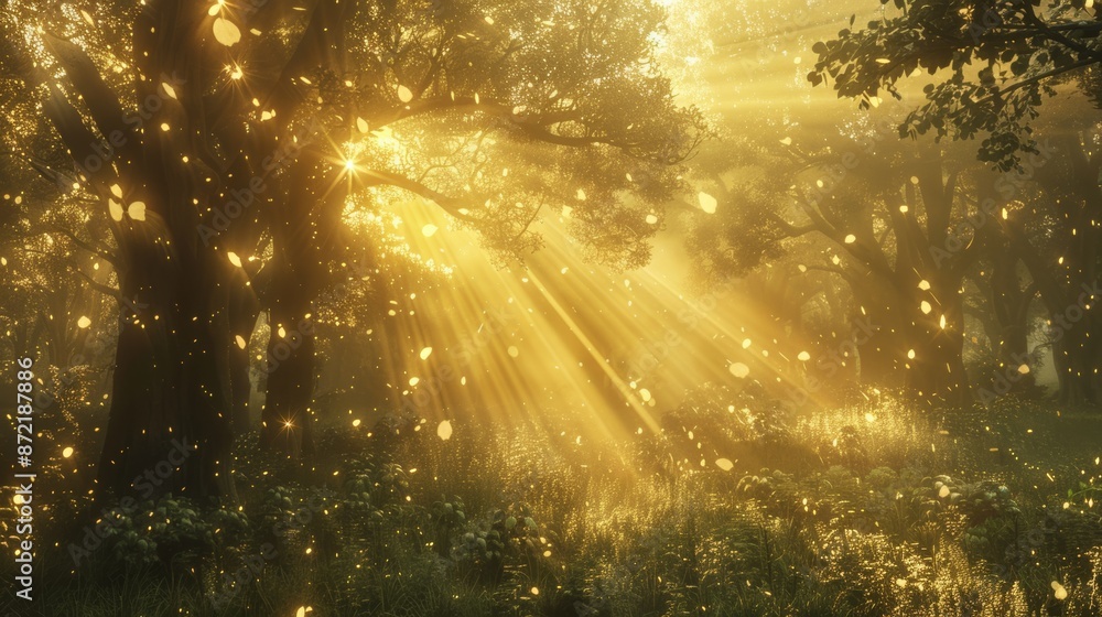 Enchanted woods with golden rays of sun creating ethereal effect Enchanted woods with golden rays of sun creating ethereal effect