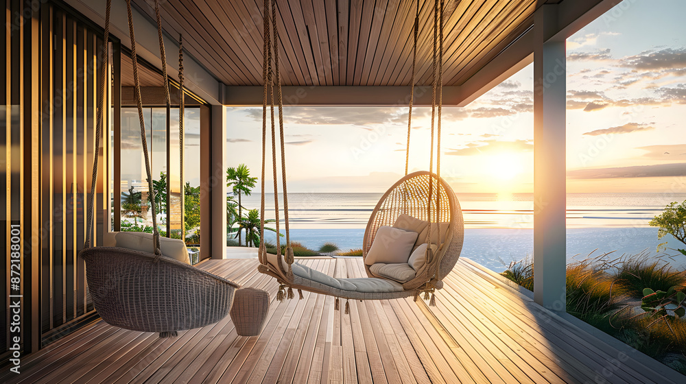 luxury house veranda with hanging swing and beach view. luxury house veranda with hanging swing and beach view.