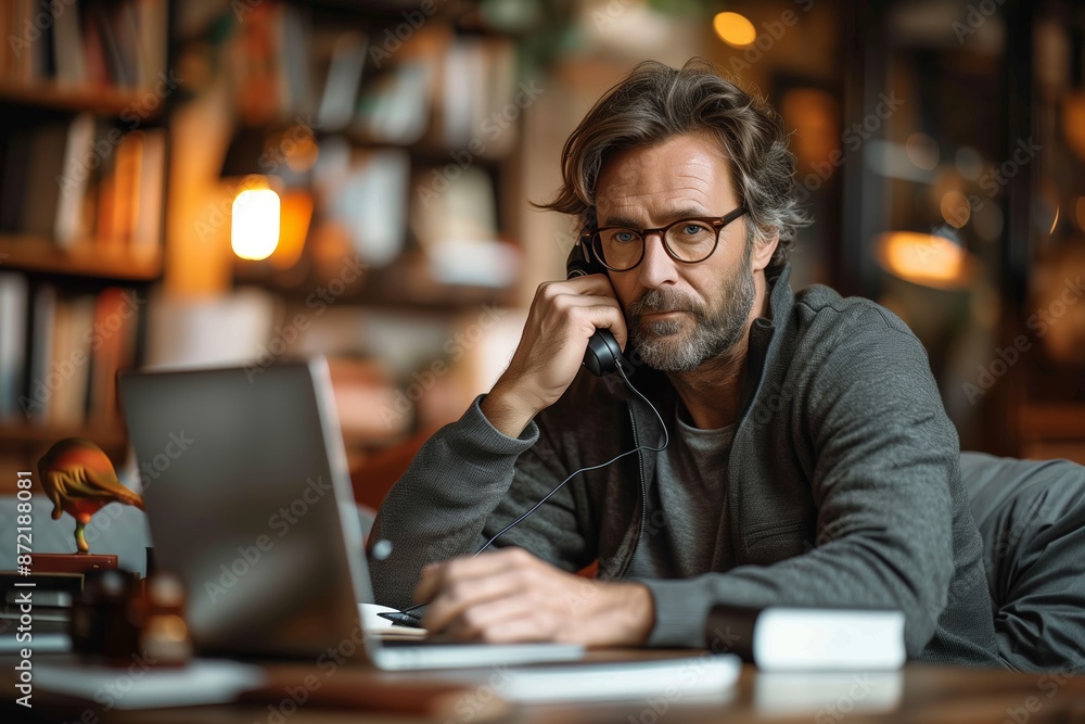 Mature Man Talking On Phone While Using Laptop in Library Setting Mature Man Talking On Phone While Using Laptop in Library Setting