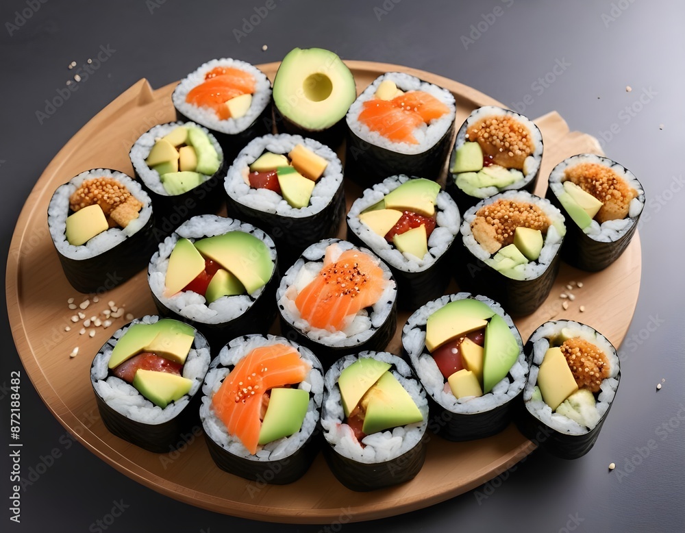 Maki sushi rolls with avocado salmon and other fillings Topped with sesame seeds Maki sushi rolls with avocado salmon and other fillings Topped with sesame seeds