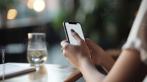 woman hand holding smartphone in the restaurant . High quality photo