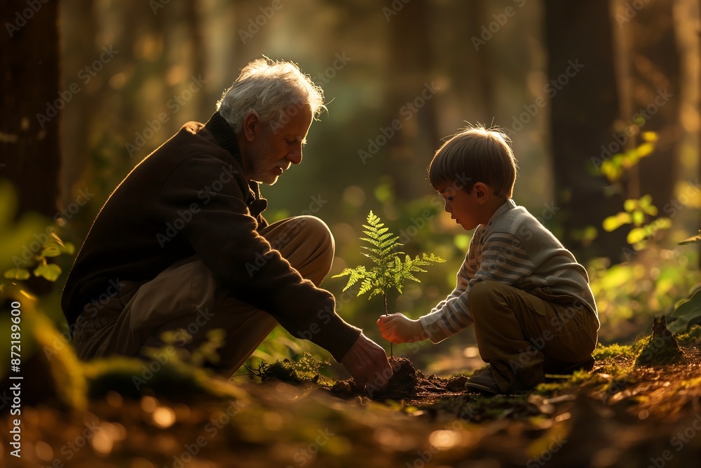 grandfather and grandson planting new tree in forest grandfather and grandson planting new tree in forest