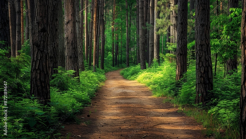 Forest Pathway to Solitude: Embracing Nature’s Embrace Amidst Tall Trees and Lush Foliage Forest Pathway to Solitude: Embracing Nature’s Embrace Amidst Tall Trees and Lush Foliage