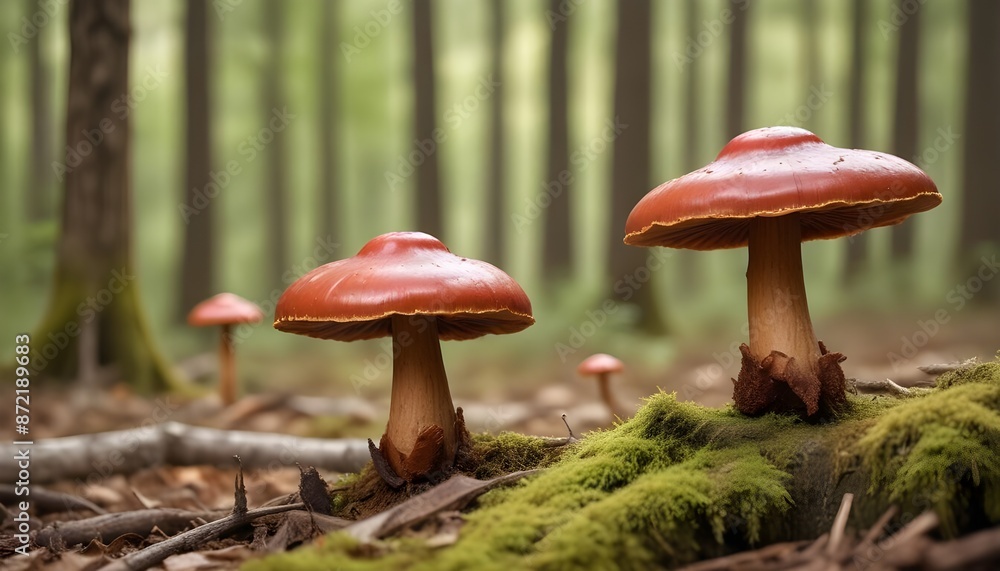 Fototapeta premium Reishi mushroom Ganoderma lucidum behind blurred forest background