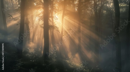 Misty forest at dawn, sunbeams illuminating the fog, tranquil and serene