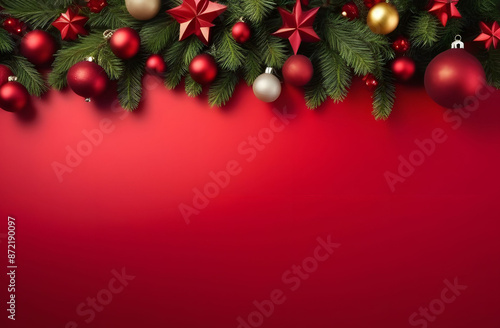 Christmas red background with balls, stars and branches of a Christmas tree, located at the top, plenty of free space for text. A festive winter backdrop for your business.