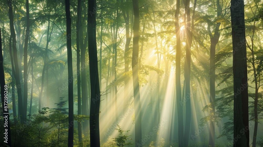 Obraz premium Misty forest at sunrise with sunbeams filtering through the trees, serene atmosphere, soft light