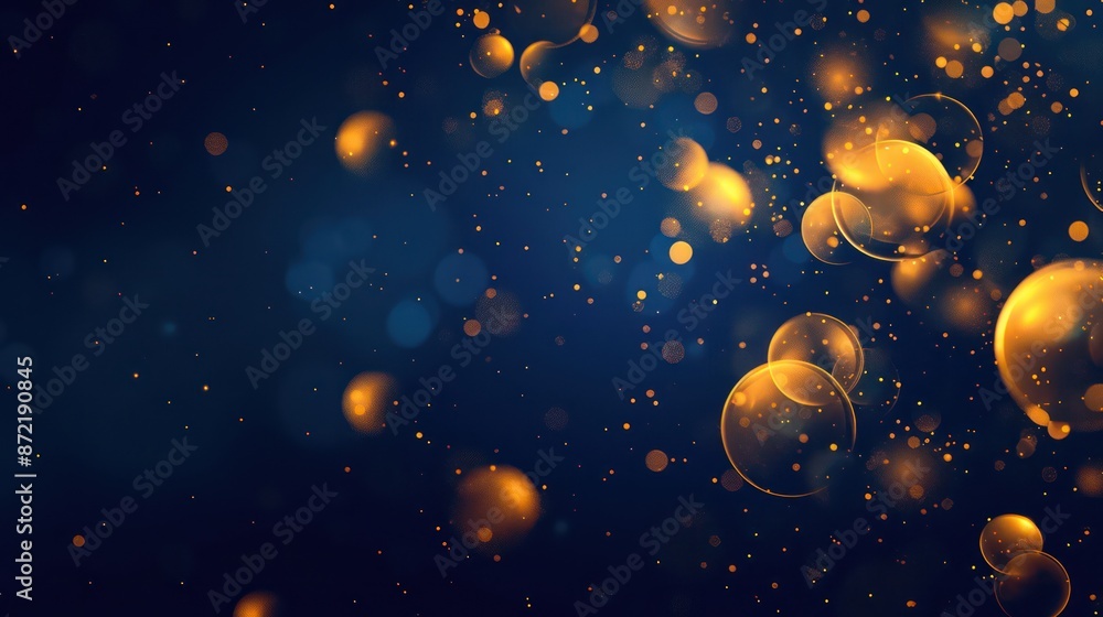 Naklejka premium Abstract golden bubbles and particles on deep blue background.