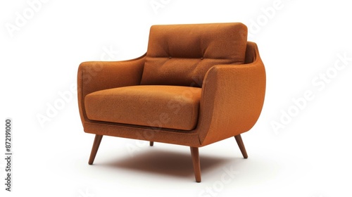 Modern living room scene featuring a brown armchair, isolated on a white background