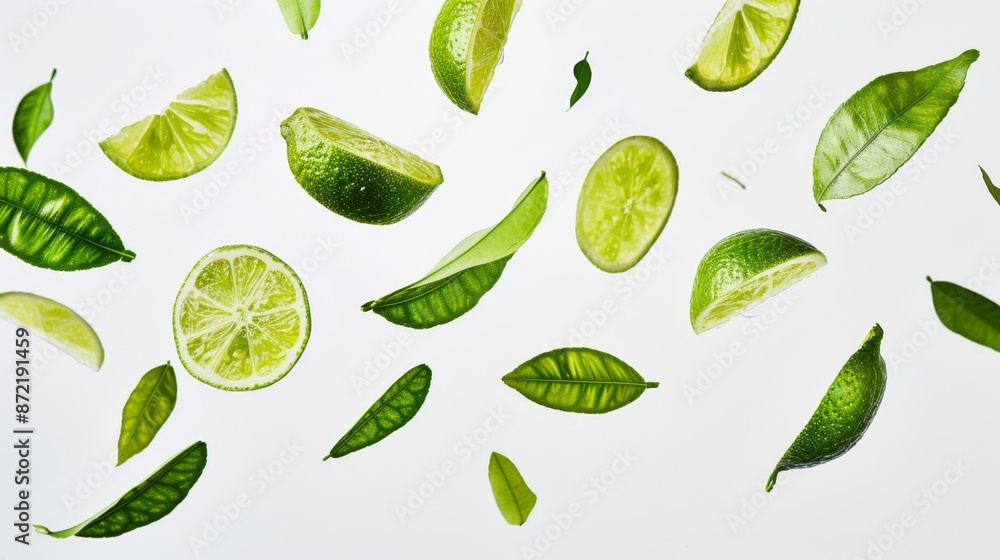 Lime slices and leaves captured in mid-air against a white background Lime slices and leaves captured in mid-air against a white background