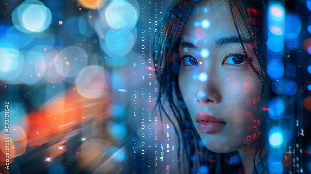 Asian girl with a digital matrix background Asian girl with a digital matrix background