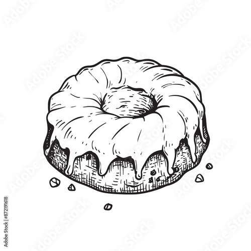 Hand drawn sketch style glazed Pound Cake. Sweet baked goods. Best for bakery and holiday designs. Vector illustration in retro style isolated on white.
