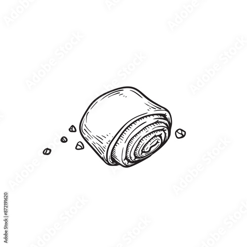 Hand drawn sketch style rolled bun with jam. Sweet baked goods. Best for bakery designs. Vector illustration in retro style isolated on white.