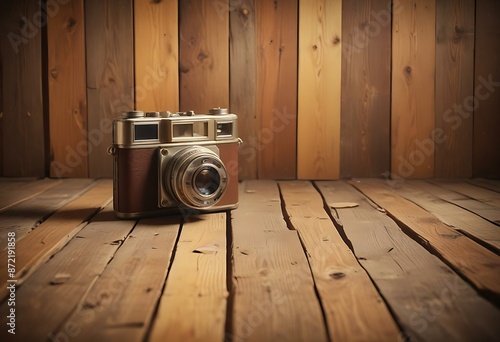 A vintage camera placed on wooden floor, photography studio style, image generative ai photo