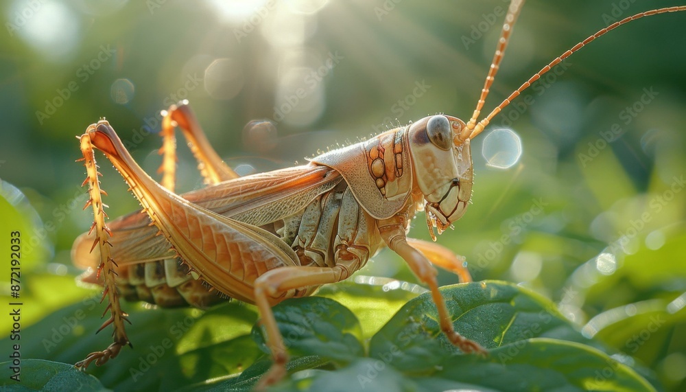 Fototapeta premium A grasshopper sits on a leaf. AI.