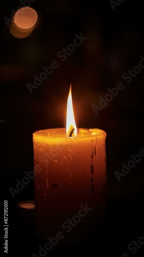 A single candle flame burns in the darkness. AI.