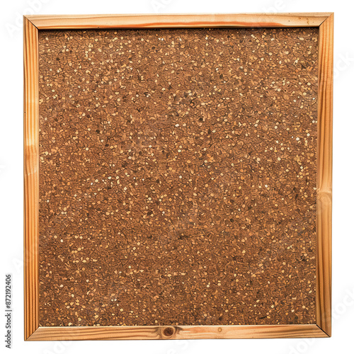 Square cork notice board with a wooden frame on a white background. Ideal for pinning notes, photos, and memos in offices or home spaces. photo