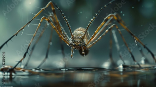 Close-up of a spider on a wet surface. AI.