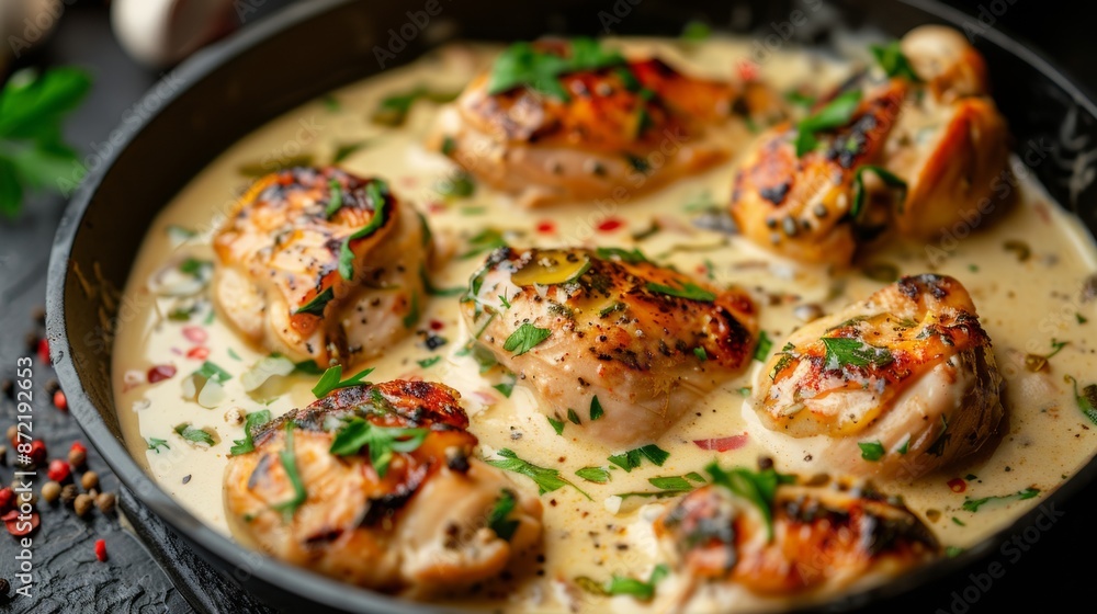 French cuisine. Chicken with cream sauce with Dijon mustard. French cuisine. Chicken with cream sauce with Dijon mustard.