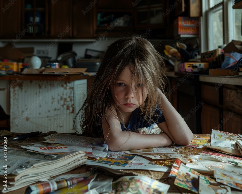 Fototapeta premium A girl sits at a table covered in clutter, looking sad and thoughtful. AI.