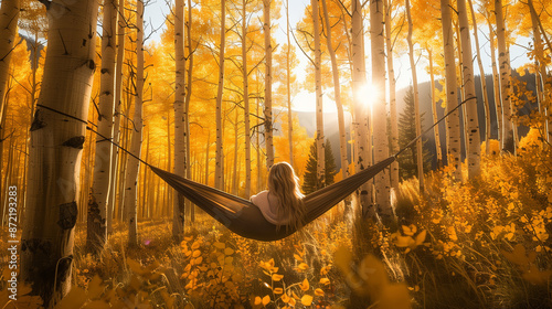 Woman sitting in a hammock in the forest in autumn