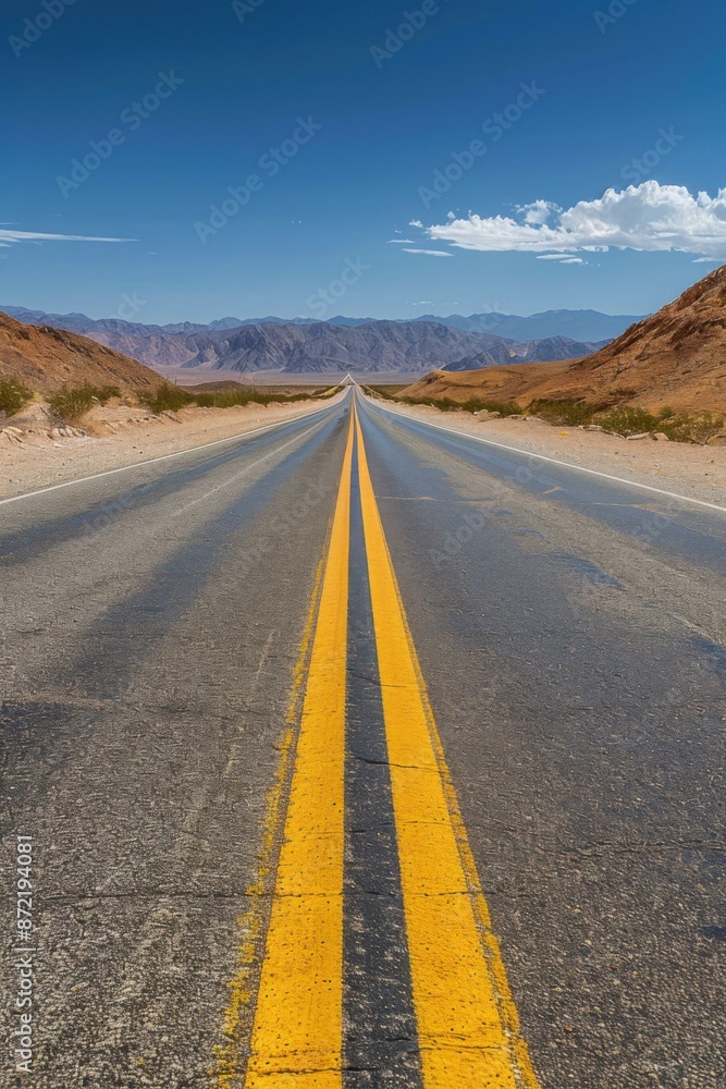 Fototapeta premium A long and winding road stretches out into the distance, with mountains in the background. AI.