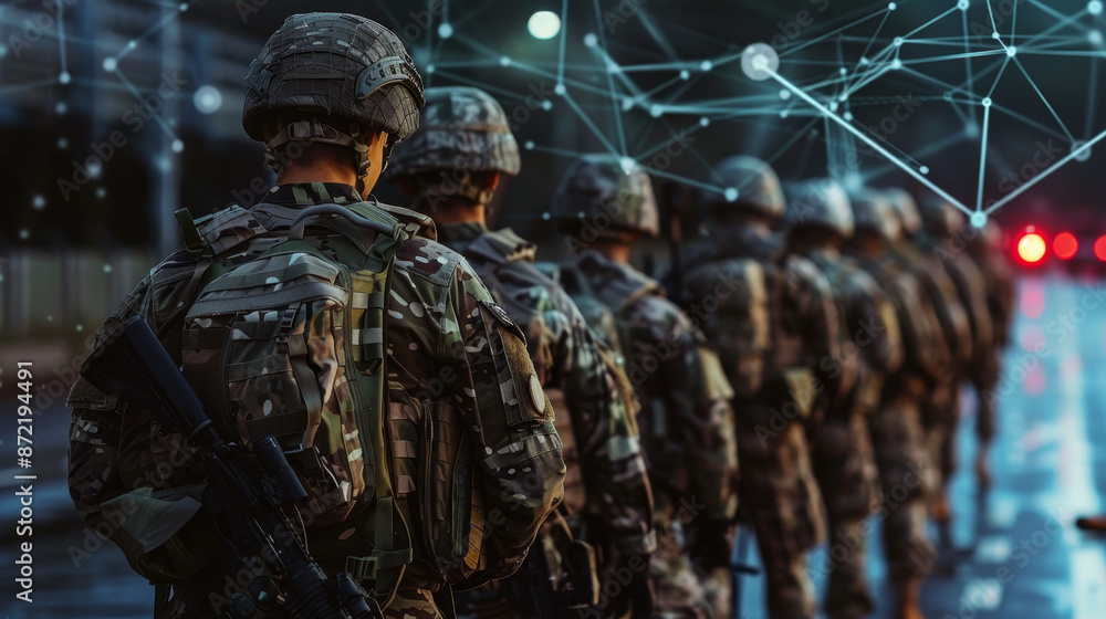 In a military headquarters conference, soldiers interact with AI through advanced holographic communication, enhancing tactical coordination In a military headquarters conference, soldiers interact with AI through advanced holographic communication, enhancing tactical coordination