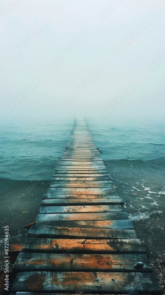 Fototapeta premium A wooden dock extending out into a calm lake. AI.