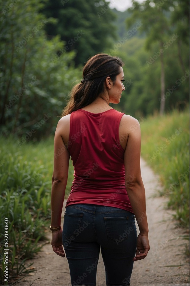 A woman in a red tank top and blue jeans is walking away from the camera on a dirt path in the woods. AI. A woman in a red tank top and blue jeans is walking away from the camera on a dirt path in the woods. AI.