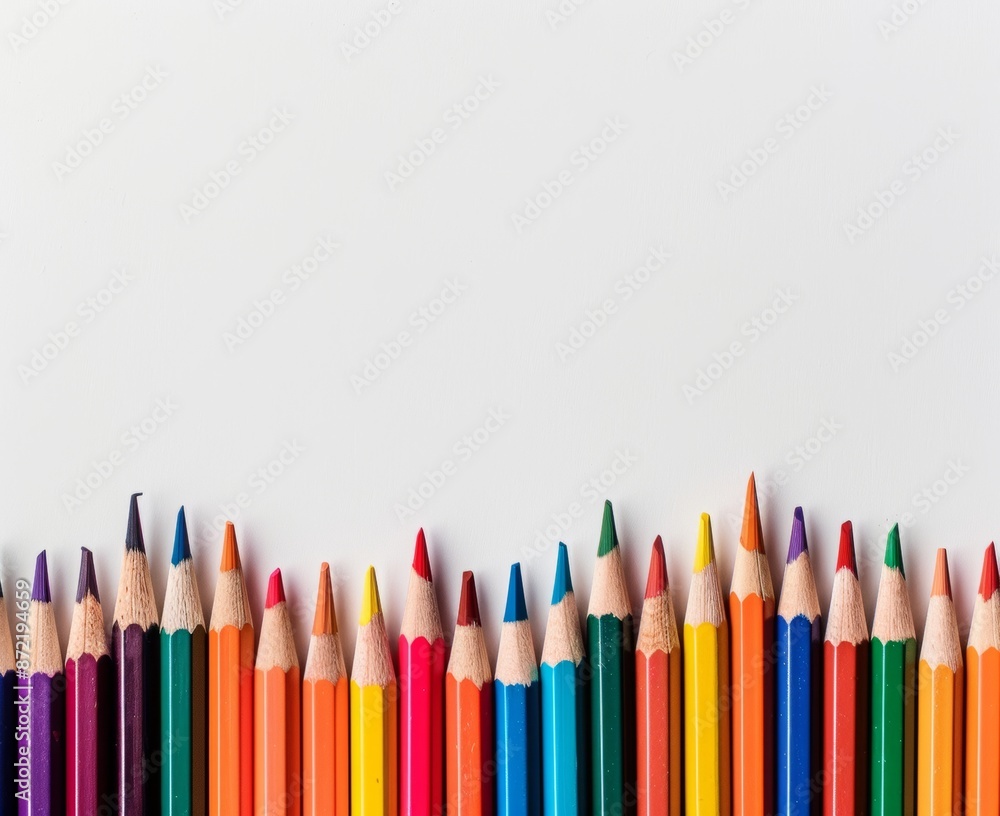 a white surface from above with coloring pencils along the top edge a white surface from above with coloring pencils along the top edge