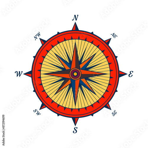 Vintage marine wind rose, nautical chart. Colorful navigational compass with cardinal directions of North, East, South, West. Geographical position, cartography and navigation. Vector illustration