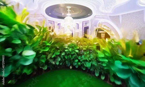 Continuous hyperspeed FPV footage: The camera seamlessly flies through a beautiful garden in to a organic biomorphic house in a futuristic room with royalcore motifs, designed in a luxurious way, insp photo