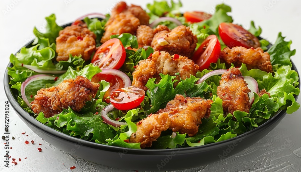 Healthy green salad with crispy fried chicken and tomato isolated on white Healthy green salad with crispy fried chicken and tomato isolated on white