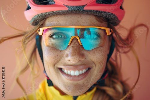  portrait of cycling woman smiling with sport sunglasses on with one color background 