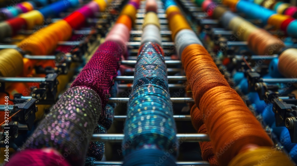 Obraz premium From this closeup view the seemingly endless spools of yarn on the knitting machines creel take on a kaleidoscope of colors a feast for the eyes and imagination.