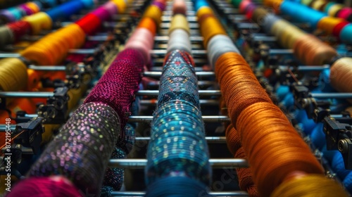 From this closeup view the seemingly endless spools of yarn on the knitting machines creel take on a kaleidoscope of colors a feast for the eyes and imagination.