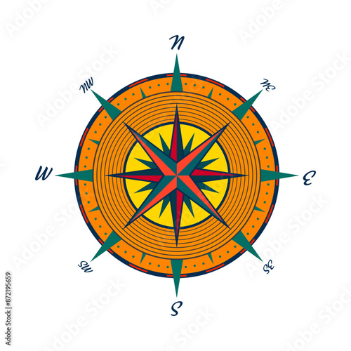 Vintage marine wind rose, nautical chart. Colorful navigational compass with cardinal directions of North, East, South, West. Geographical position, cartography and navigation. Vector illustration