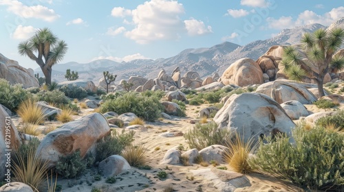 Scenic Desert Landscape with Joshua Trees and Mountains. Arid Nature Background