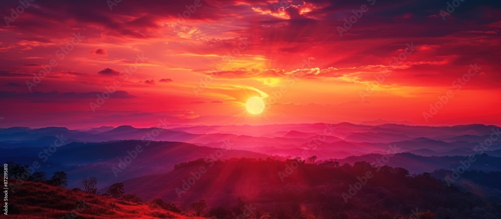 Fototapeta premium Breathtaking mountain sunset landscape. Majestic sunrise over colorful clouds and misty hills. Concept of nature, beauty, tranquility.