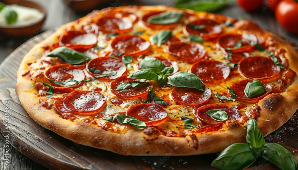 Tasty pepperoni pizza with basil on table Tasty pepperoni pizza with basil on table