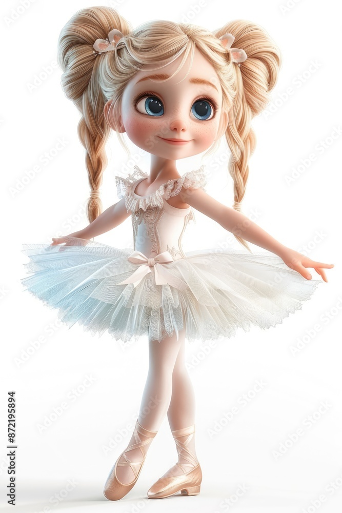 Cartoon-style young ballerina with blonde hair, dressed in a fluffy white tutu and delicate white pointe shoes, set against a pure white backdrop. Cartoon-style young ballerina with blonde hair, dressed in a fluffy white tutu and delicate white pointe shoes, set against a pure white backdrop.