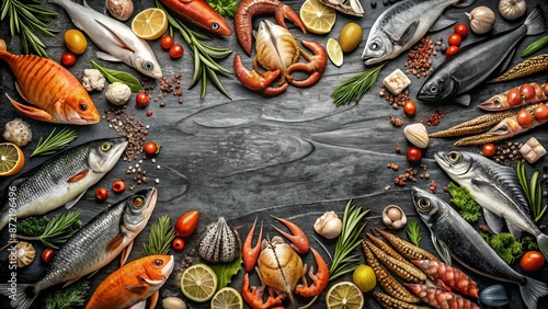 Bannière ou affiche composée de produits de la mer, mollusque, crustacé, poisson et algues pour former une illustration blanche et noire pour décorer votre restaurant ou votre poissonnerie. photo