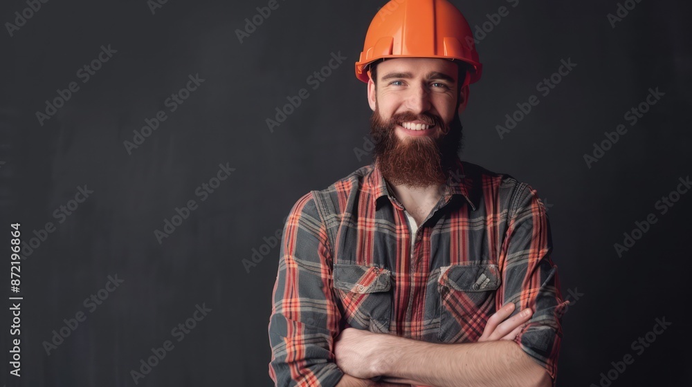 Smiling bearded man in a checkered shirt and hard hat on black background Smiling bearded man in a checkered shirt and hard hat on black background