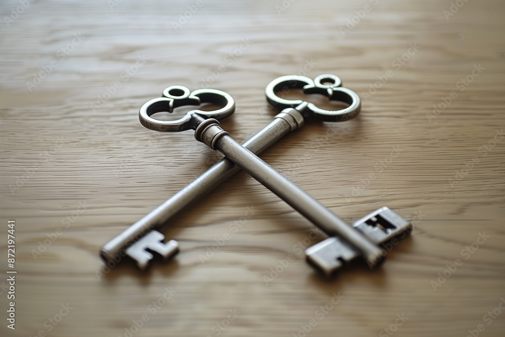 A symbolic image of crossed keys on a table, representing the potential for discovering new opportunities and achieving success or advancement A symbolic image of crossed keys on a table, representing the potential for discovering new opportunities and achieving success or advancement