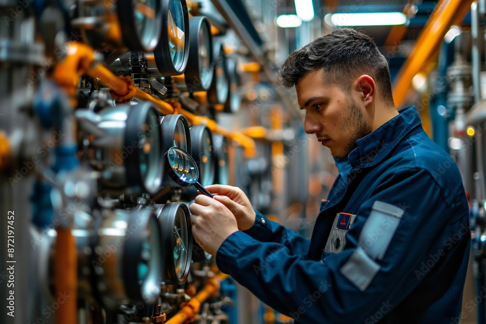 Side view photo of Hispanic male distillery worker inspecting equipment using magnifying glass in a distillery. Side view photo of Hispanic male distillery worker inspecting equipment using magnifying glass in a distillery.