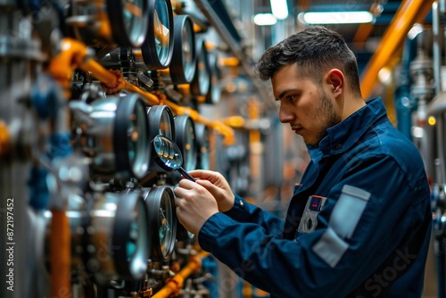 Side view photo of Hispanic male distillery worker inspecting equipment using magnifying glass in a distillery.