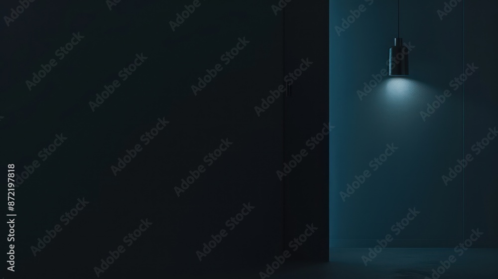 Dimly lit minimalist room with a single hanging light fixture Dimly lit minimalist room with a single hanging light fixture