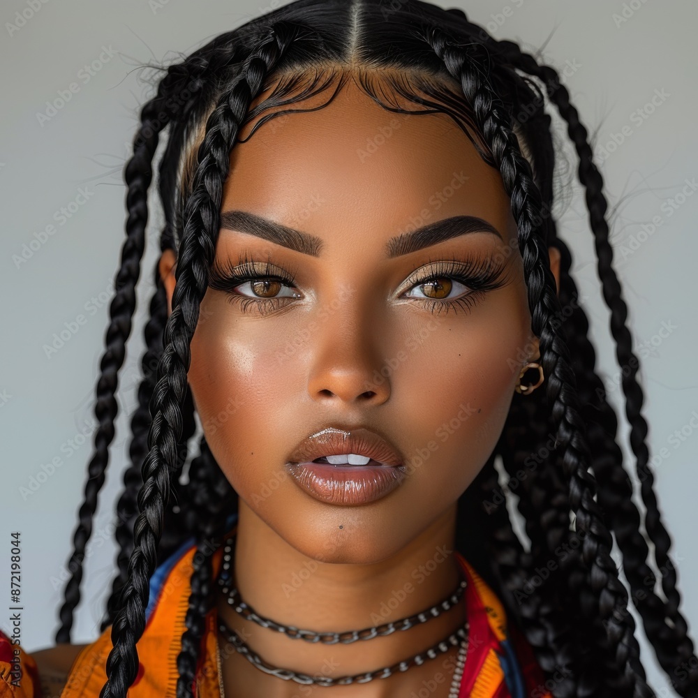 Stunning black women with long medium black knotless braids black hair long full eyelashes beautiful brown eyes high cheek bones, full face, colorful clothing Stunning black women with long medium black knotless braids black hair long full eyelashes beautiful brown eyes high cheek bones, full face, colorful clothing